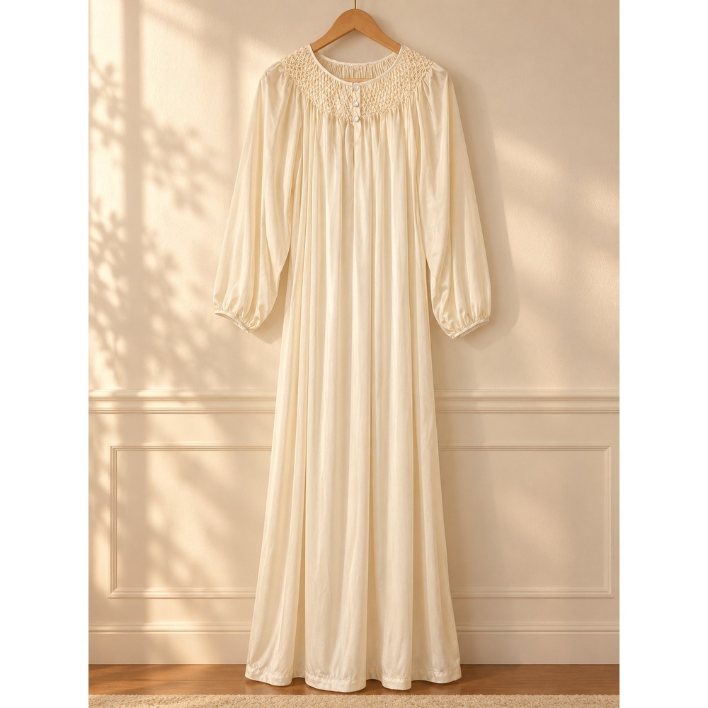 Vintage 80s Cream Smocked Maxi Nightgown Long Sleeve Romantic Bridal Size M